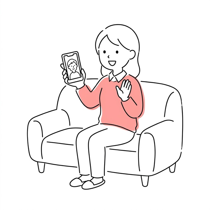 ソファでスマホから相談する女性