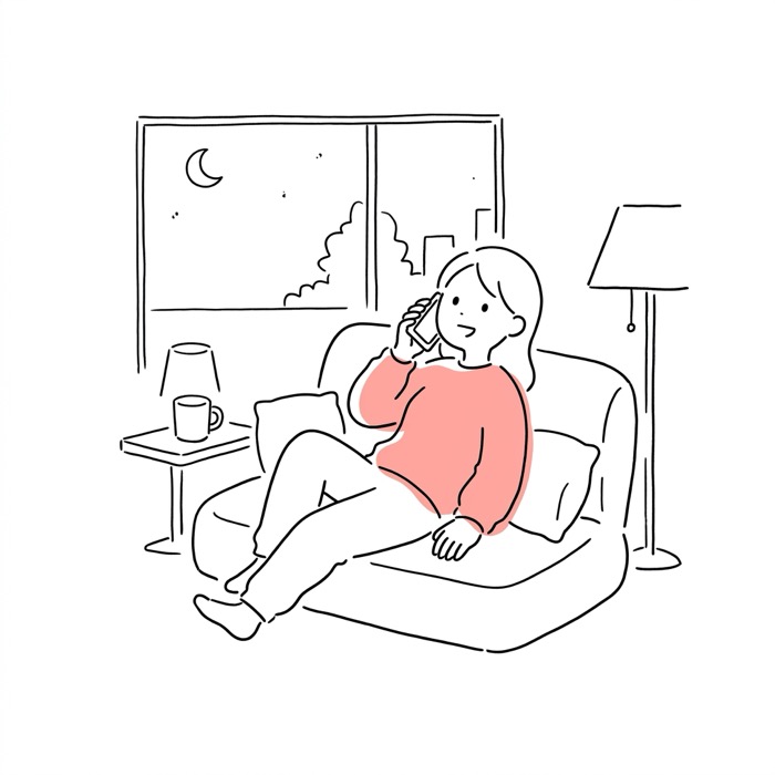 夜の部屋でスマホで話す女性
